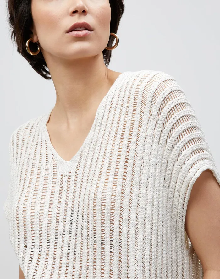 Women Lafayette 148 New York Sweaters Petite Cotton Silk Tape Open Knit VNeck Sweater Cloud