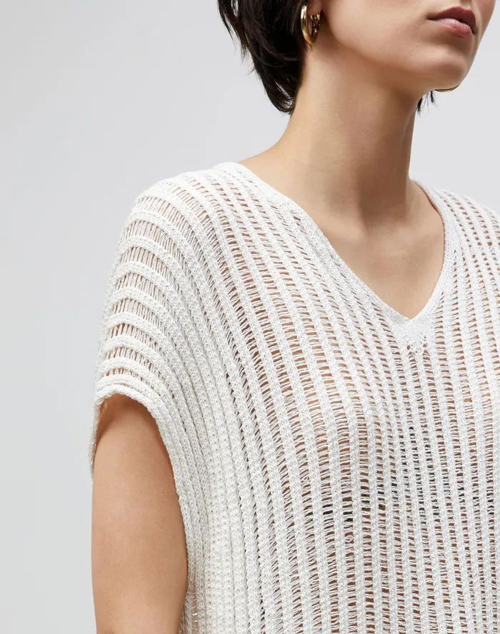 Women Lafayette 148 New York Sweaters Petite Cotton Silk Tape Open Knit VNeck Sweater Cloud