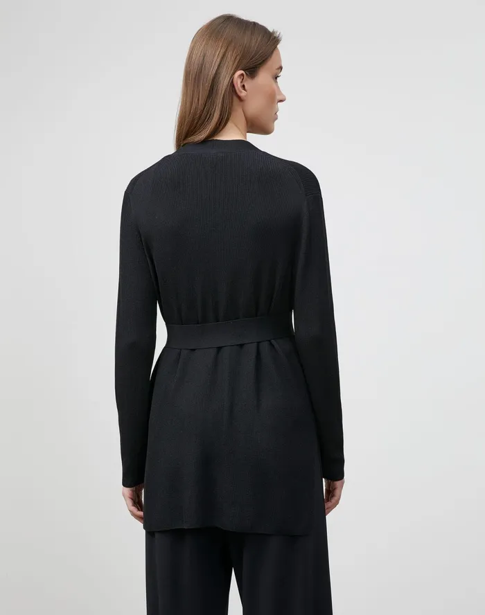 Women Lafayette 148 New York Sweaters PlusSize Finespun Voile Belted Rib Cardigan Black