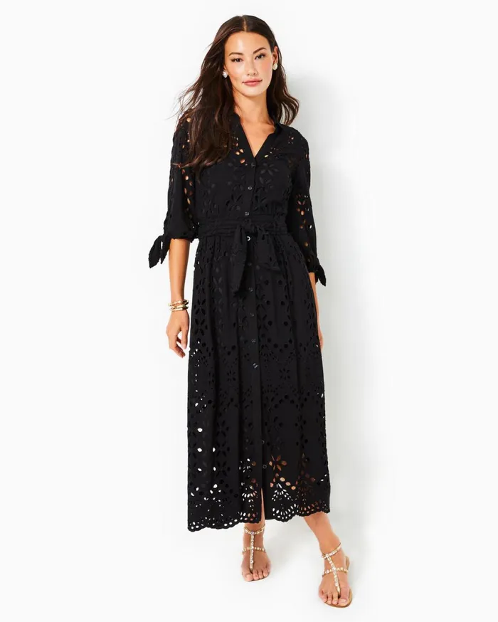 Women Lilly Pulitzer Dresses Amrita Eyelet Midi Dress Onyx Soiree Eyelet