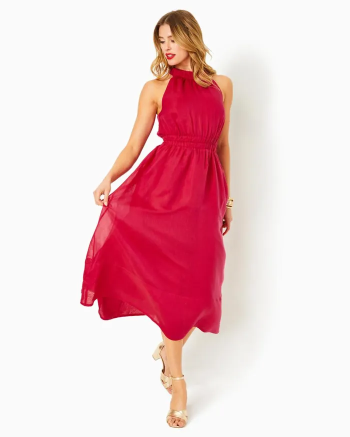 Women Lilly Pulitzer Dresses Marleen Halter Midi Dress Poinsettia Red