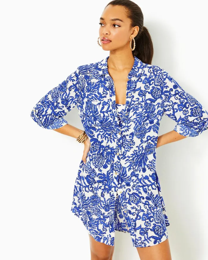Women Lilly Pulitzer Swim Natalie Shirtdress CoverUp Multi Bahamas Beachcomber