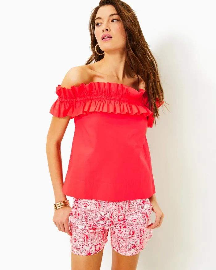 Women Lilly Pulitzer Tops Brennalee OfftheShoulder Ruffle Top Mizner Red