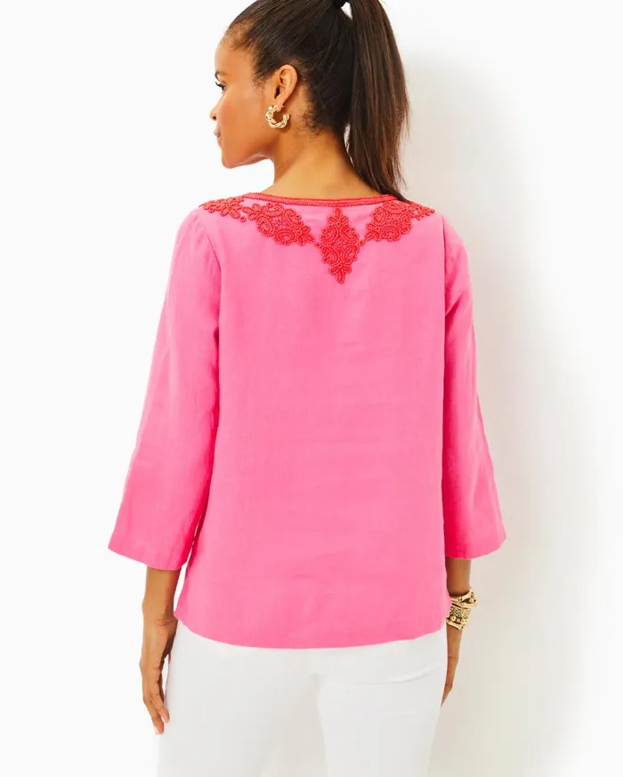 Women Lilly Pulitzer Tops Elyn Beaded Linen Top Resort White Women Lilly Pulitzer Tops Elyn Beaded Linen Top Resort White