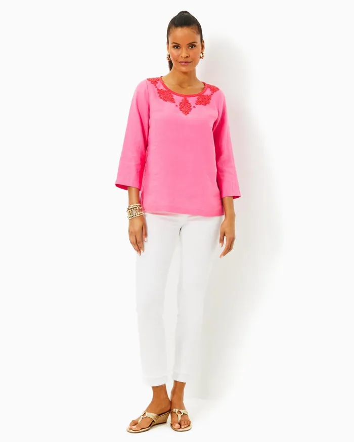 Women Lilly Pulitzer Tops Elyn Beaded Linen Top Resort White Women Lilly Pulitzer Tops Elyn Beaded Linen Top Resort White