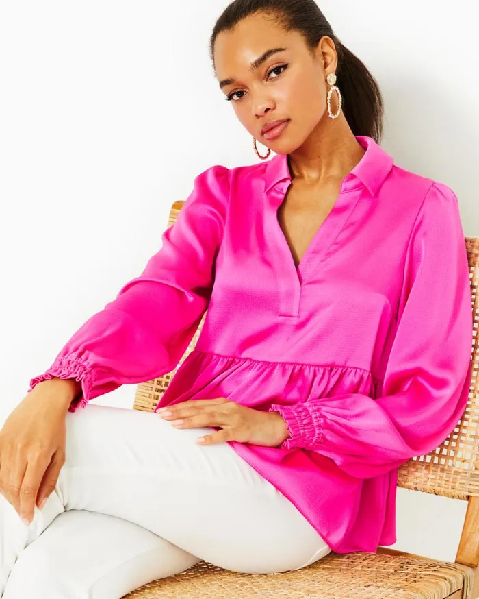 Women Lilly Pulitzer Tops Jaylene Long Sleeve Lilly Top Cerise Pink