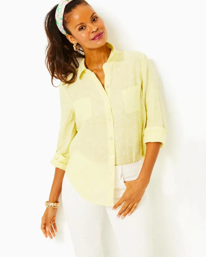 Women Lilly Pulitzer Tops Sea View Linen Button Down Top Hydra Blue You Drive Me Daisy Embroidered Linen Women Lilly Pulitzer Tops Sea View Linen Button Down Top Hydra Blue You Drive Me Daisy Embroidered Linen