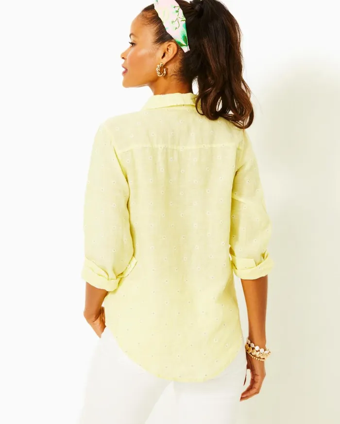 Women Lilly Pulitzer Tops Sea View Linen Button Down Top Hydra Blue You Drive Me Daisy Embroidered Linen Women Lilly Pulitzer Tops Sea View Linen Button Down Top Hydra Blue You Drive Me Daisy Embroidered Linen