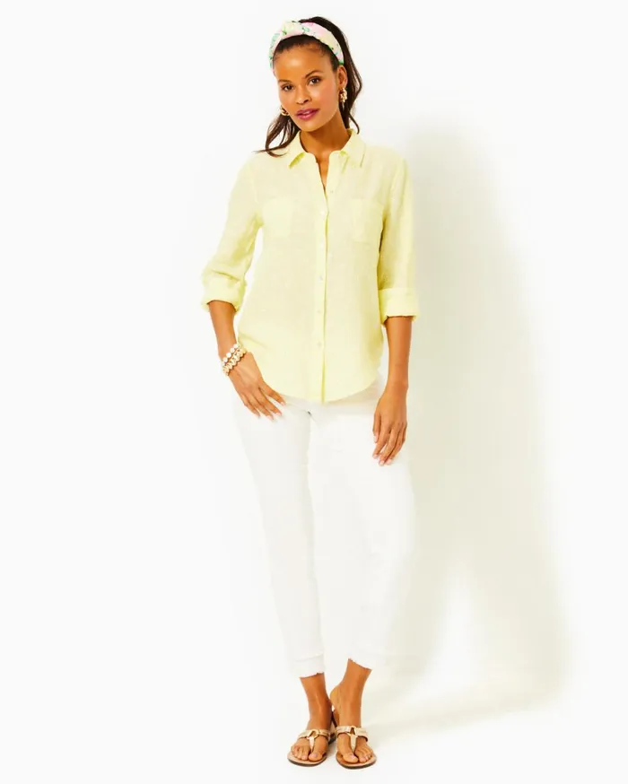Women Lilly Pulitzer Tops Sea View Linen Button Down Top Hydra Blue You Drive Me Daisy Embroidered Linen Women Lilly Pulitzer Tops Sea View Linen Button Down Top Hydra Blue You Drive Me Daisy Embroidered Linen