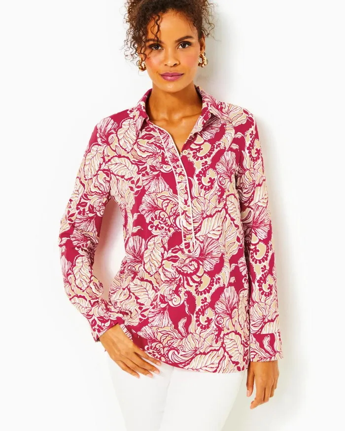 Women Lilly Pulitzer Tops UPF 50 Giavana Tunic Poinsettia Red Island Vibes