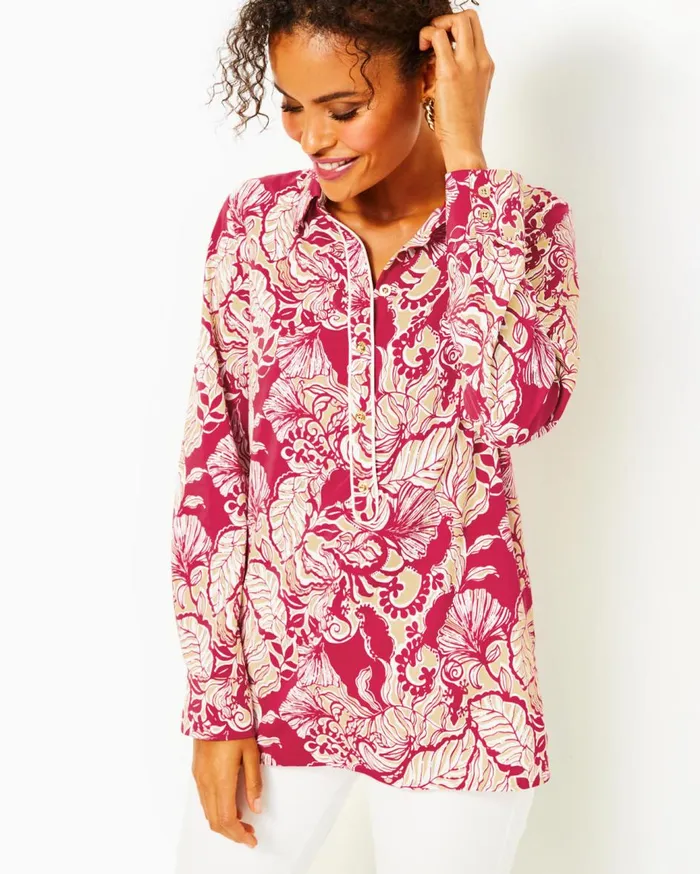 Women Lilly Pulitzer Tops UPF 50 Giavana Tunic Poinsettia Red Island Vibes Women Lilly Pulitzer Tops UPF 50 Giavana Tunic Poinsettia Red Island Vibes