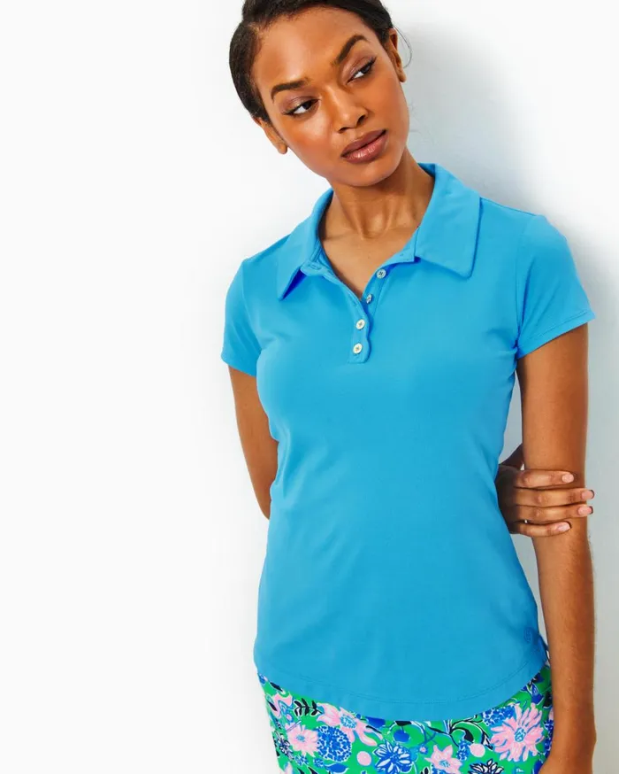 Women Lilly Pulitzer Tops UPF 50 Luxletic Frida Scallop Polo Top Lunar Blue