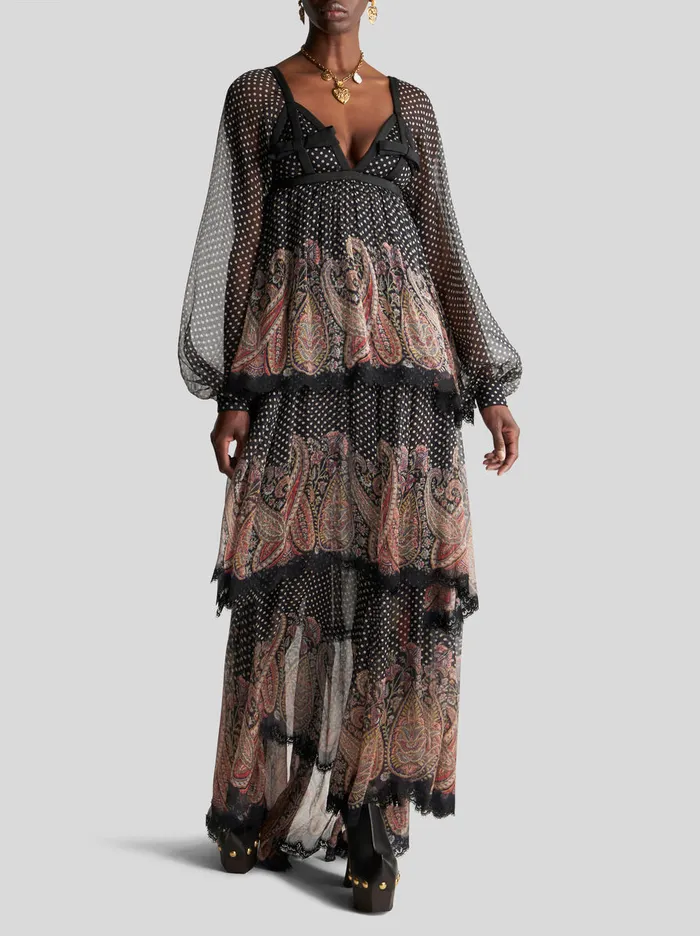 Women Long Crepon Dress With Bows And Paisley Etro Dresses