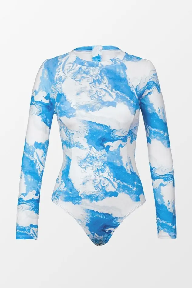 Women Long Sleeve Swimsuits Cupshe Kaila Abstract Print Long Sleeve One Piece Swimsuit Bluewhite