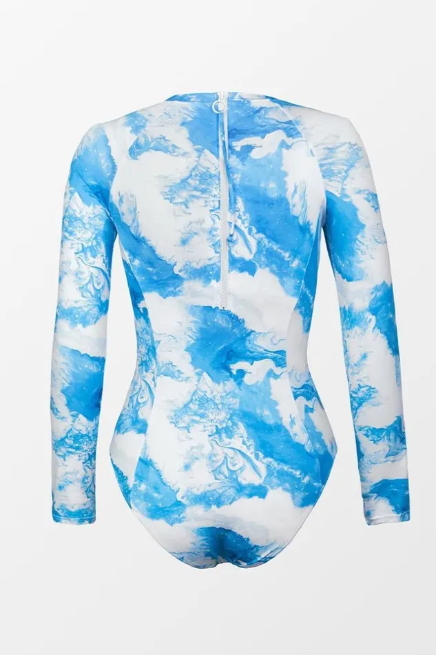Women Long Sleeve Swimsuits Cupshe Kaila Abstract Print Long Sleeve One Piece Swimsuit Bluewhite