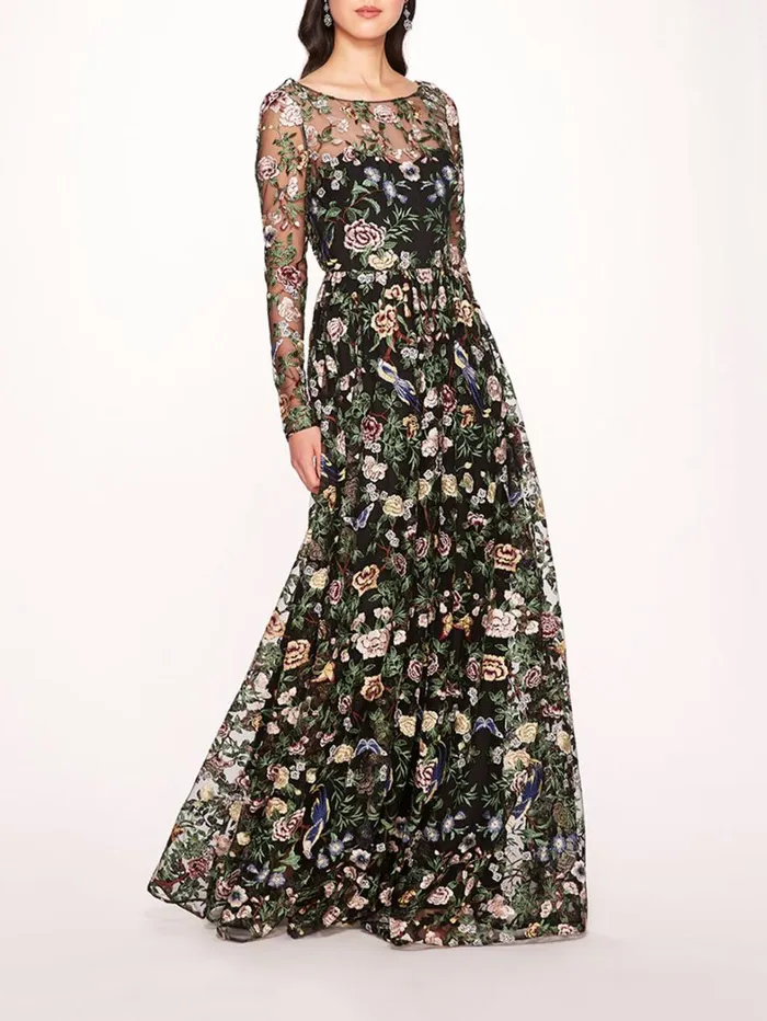 Women Marchesa Dresses Botanical Embroidered Gown Black Multi