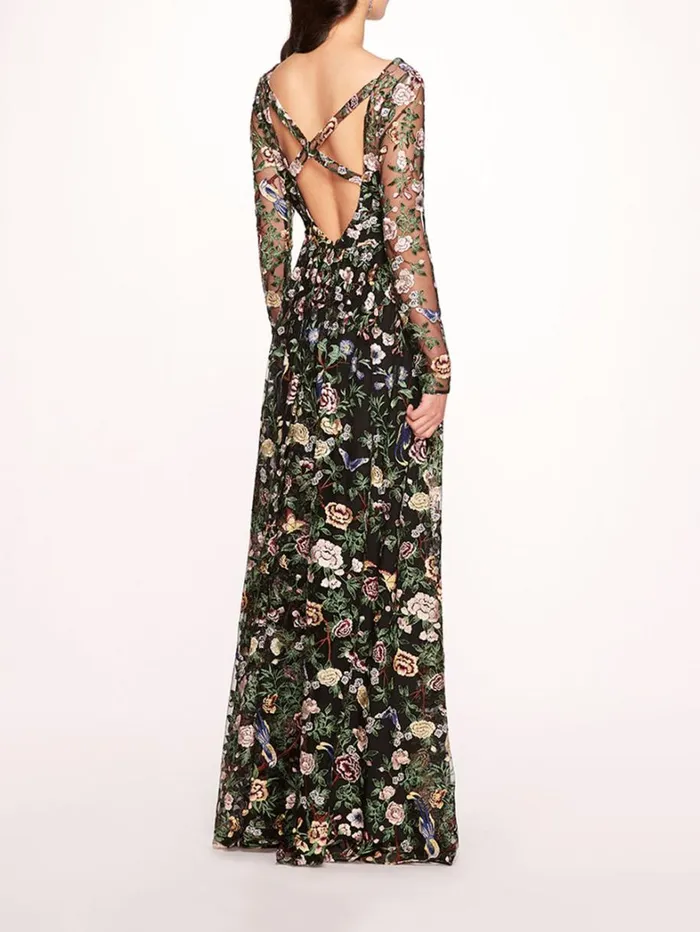 Women Marchesa Dresses Botanical Embroidered Gown Black Multi Women Marchesa Dresses Botanical Embroidered Gown Black Multi