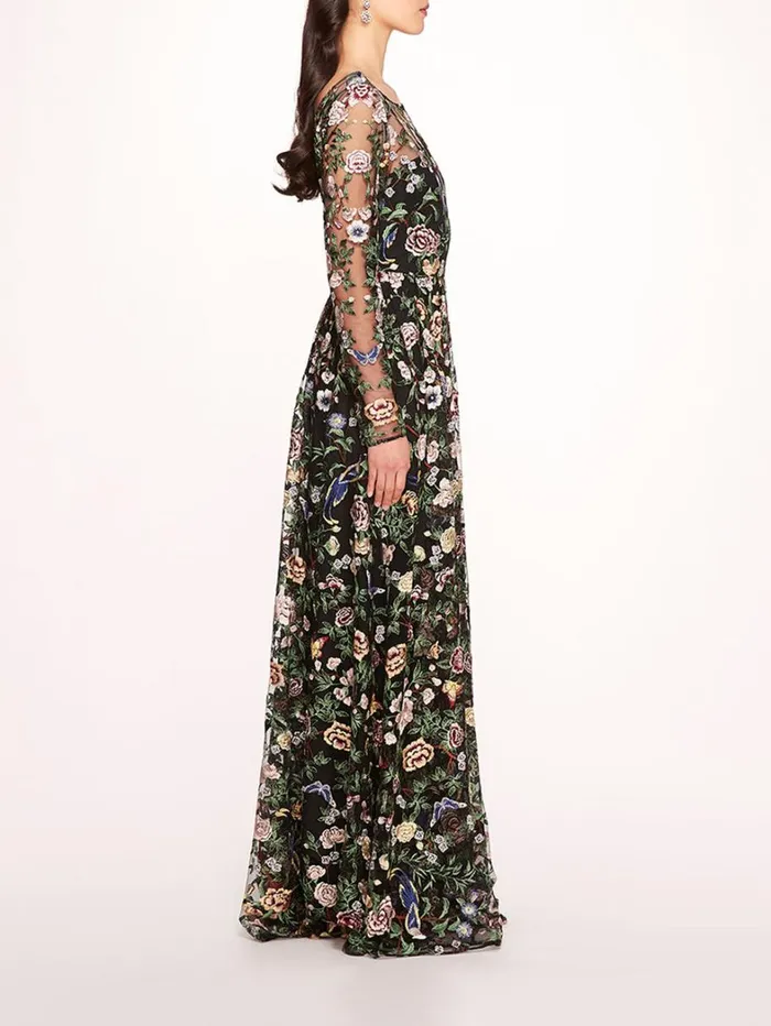 Women Marchesa Dresses Botanical Embroidered Gown Black Multi Women Marchesa Dresses Botanical Embroidered Gown Black Multi