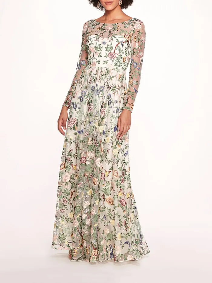 Women Marchesa Dresses Botanical Embroidered Gown Ivory Multi
