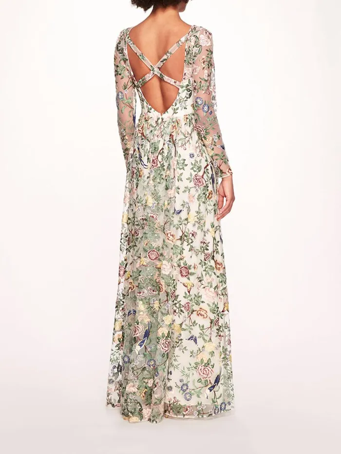 Women Marchesa Dresses Botanical Embroidered Gown Ivory Multi Women Marchesa Dresses Botanical Embroidered Gown Ivory Multi