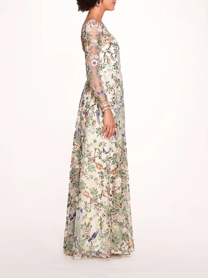 Women Marchesa Dresses Botanical Embroidered Gown Ivory Multi Women Marchesa Dresses Botanical Embroidered Gown Ivory Multi