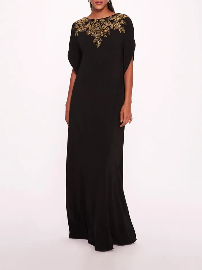 Women Marchesa Dresses Embroidered Crepe Kaftan Black
