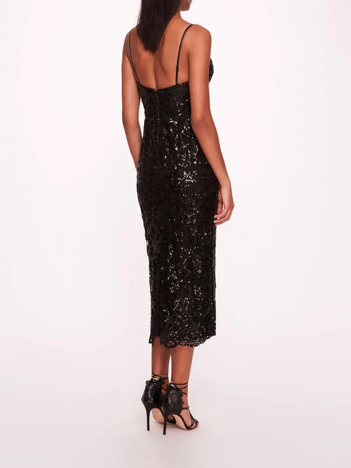 Women Marchesa Dresses Floral Sequin Midi Dress Black Women Marchesa Dresses Floral Sequin Midi Dress Black
