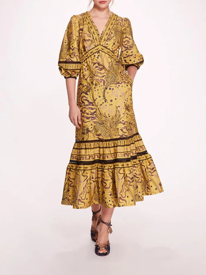 Women Marchesa Dresses Flying Cheetah Tiered Midi Dress Yellow Multi