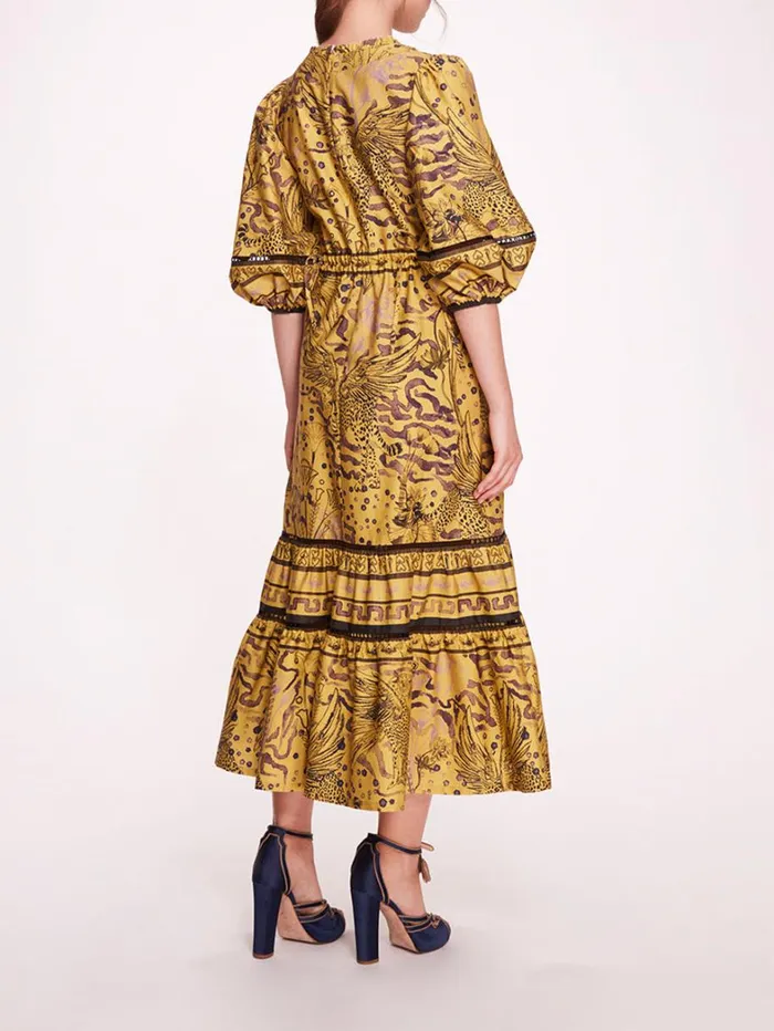 Women Marchesa Dresses Flying Cheetah Tiered Midi Dress Yellow Multi