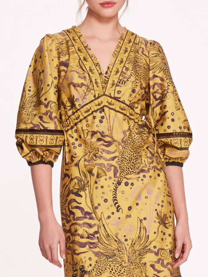 Women Marchesa Dresses Flying Cheetah Tiered Midi Dress Yellow Multi
