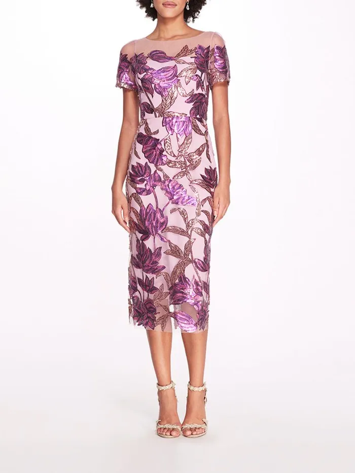 Women Marchesa Dresses Lotus Sequin CapSleeved Pencil Dress Purple Mauve