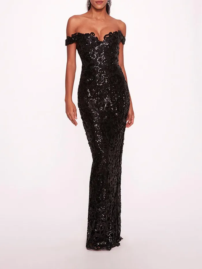 Women Marchesa Dresses Organic Neckline Sequin Gown Black