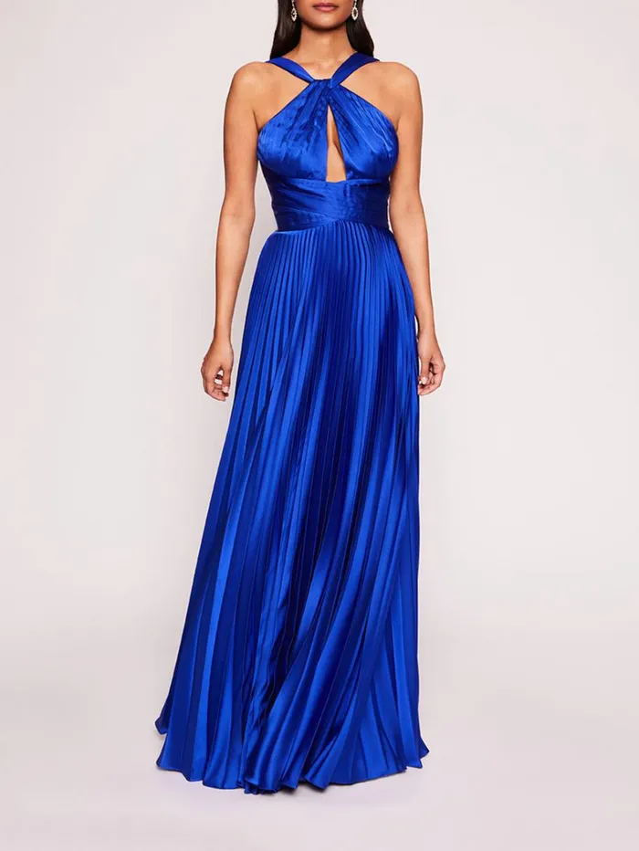 Women Marchesa Dresses Pleated Foil Gown Sapphire