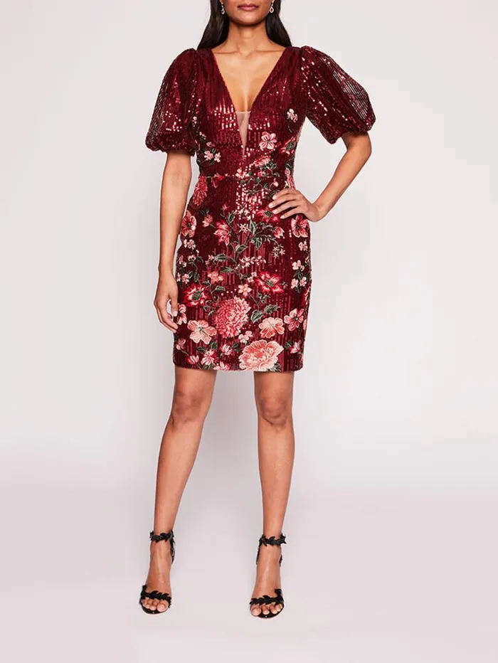Women Marchesa Dresses Shimmer Mini Dress Burgundy Multi