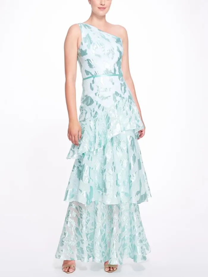 Women Marchesa Dresses Teal Blue One Shoulder Ruffled Tiered Gown Aqua