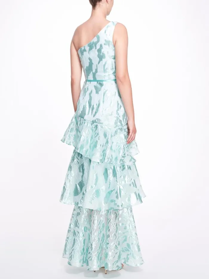 Women Marchesa Dresses Teal Blue One Shoulder Ruffled Tiered Gown Aqua Women Marchesa Dresses Teal Blue One Shoulder Ruffled Tiered Gown Aqua