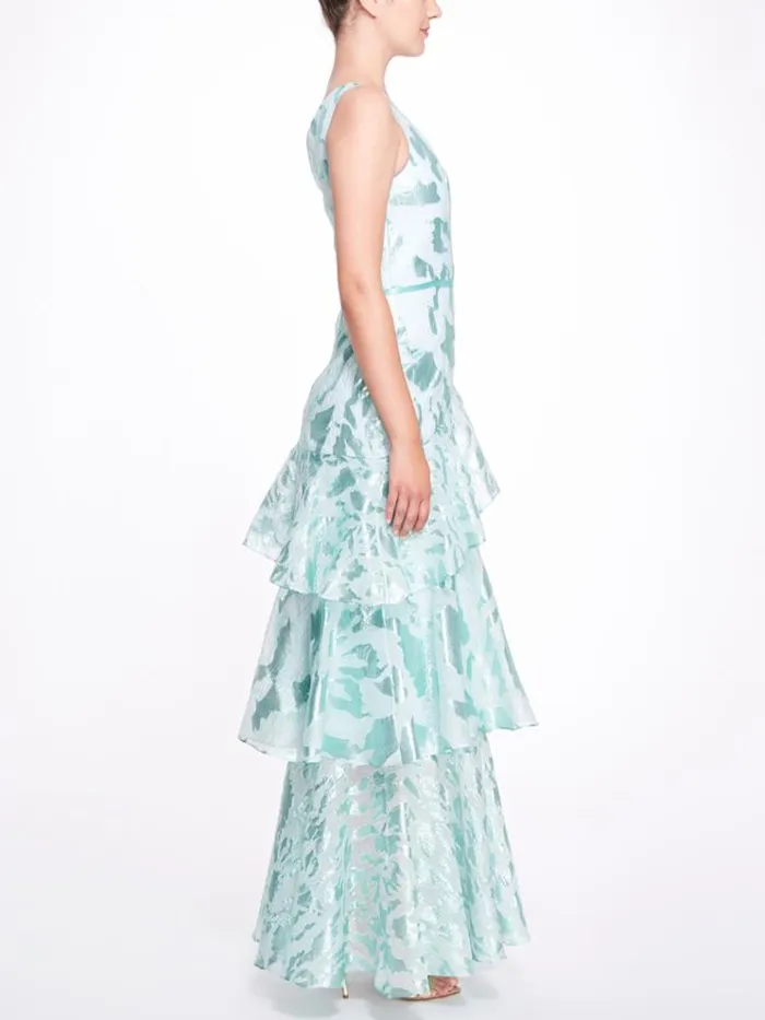 Women Marchesa Dresses Teal Blue One Shoulder Ruffled Tiered Gown Aqua Women Marchesa Dresses Teal Blue One Shoulder Ruffled Tiered Gown Aqua