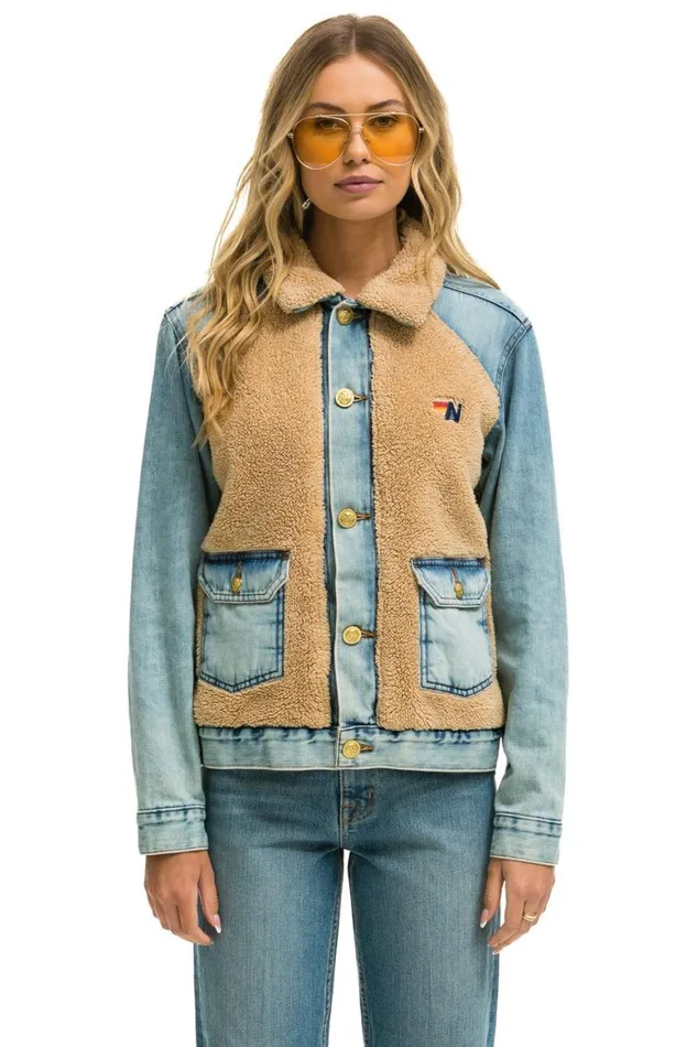 WomenMen Denim Aviator Nation Aspen Sherpa Unisex Denim Jacket 8211 Vintage Wheat