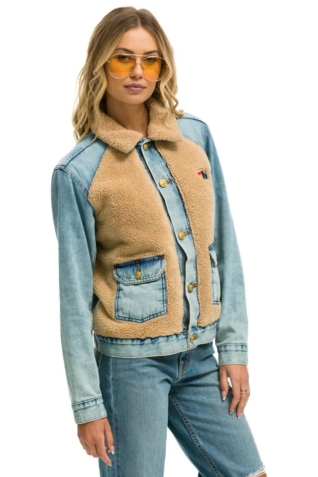 WomenMen Denim Aviator Nation Aspen Sherpa Unisex Denim Jacket 8211 Vintage Wheat