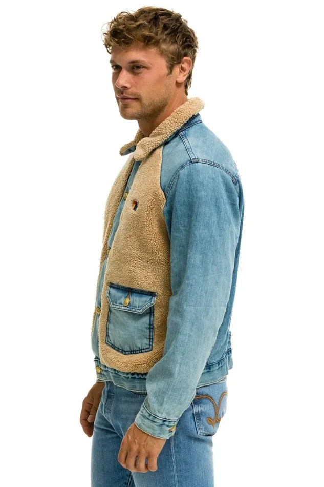 WomenMen Denim Aviator Nation Aspen Sherpa Unisex Denim Jacket 8211 Vintage Wheat