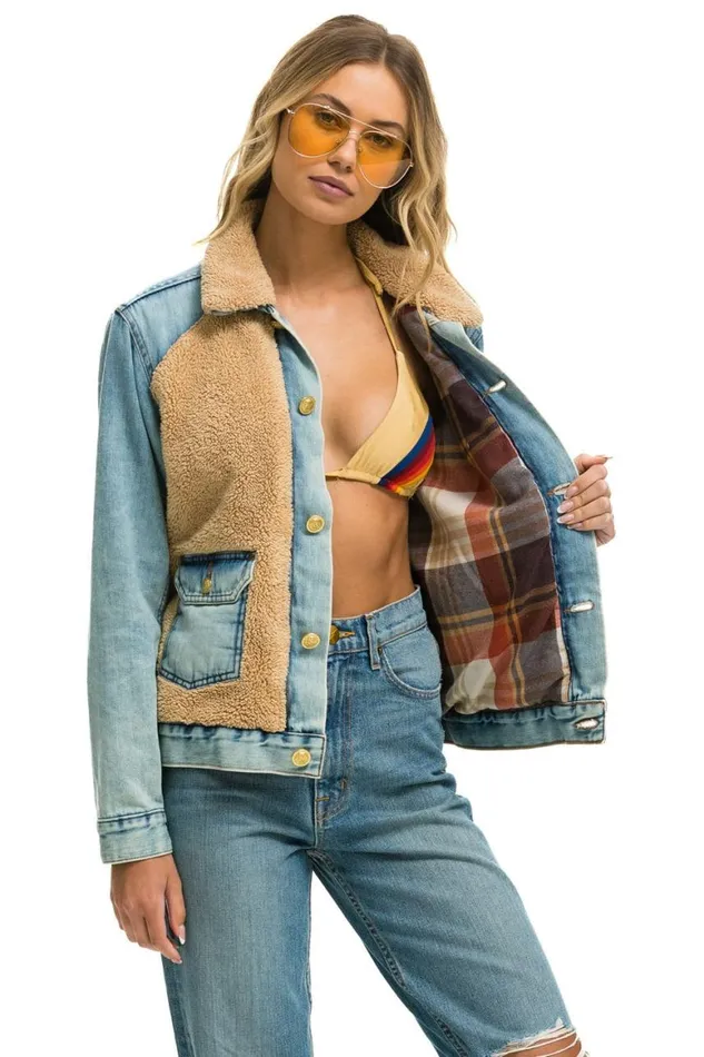 WomenMen Denim Aviator Nation Aspen Sherpa Unisex Denim Jacket 8211 Vintage Wheat