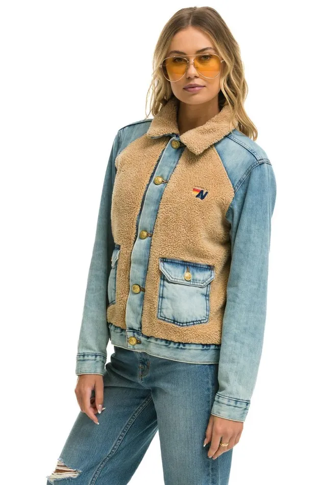 WomenMen Denim Aviator Nation Aspen Sherpa Unisex Denim Jacket 8211 Vintage Wheat