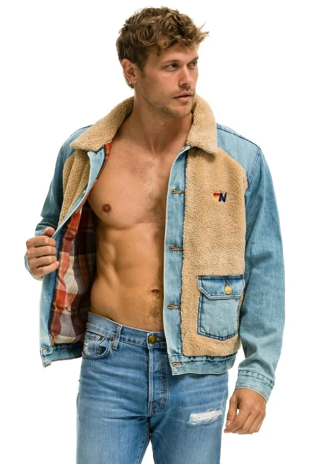 WomenMen Denim Aviator Nation Aspen Sherpa Unisex Denim Jacket 8211 Vintage Wheat