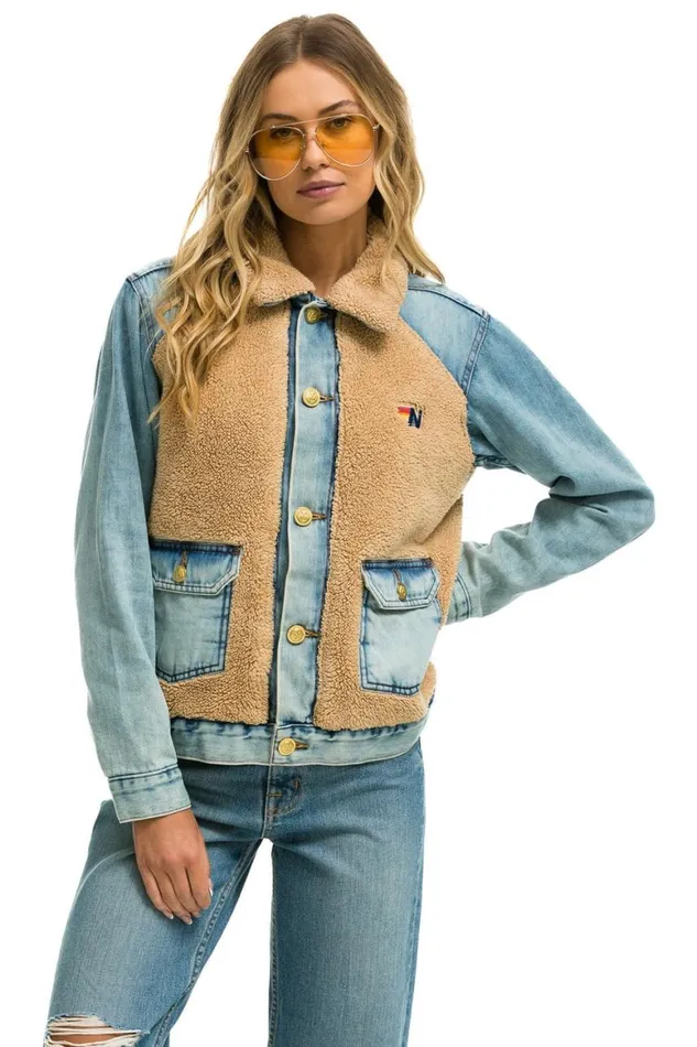 WomenMen Denim Aviator Nation Aspen Sherpa Unisex Denim Jacket 8211 Vintage Wheat