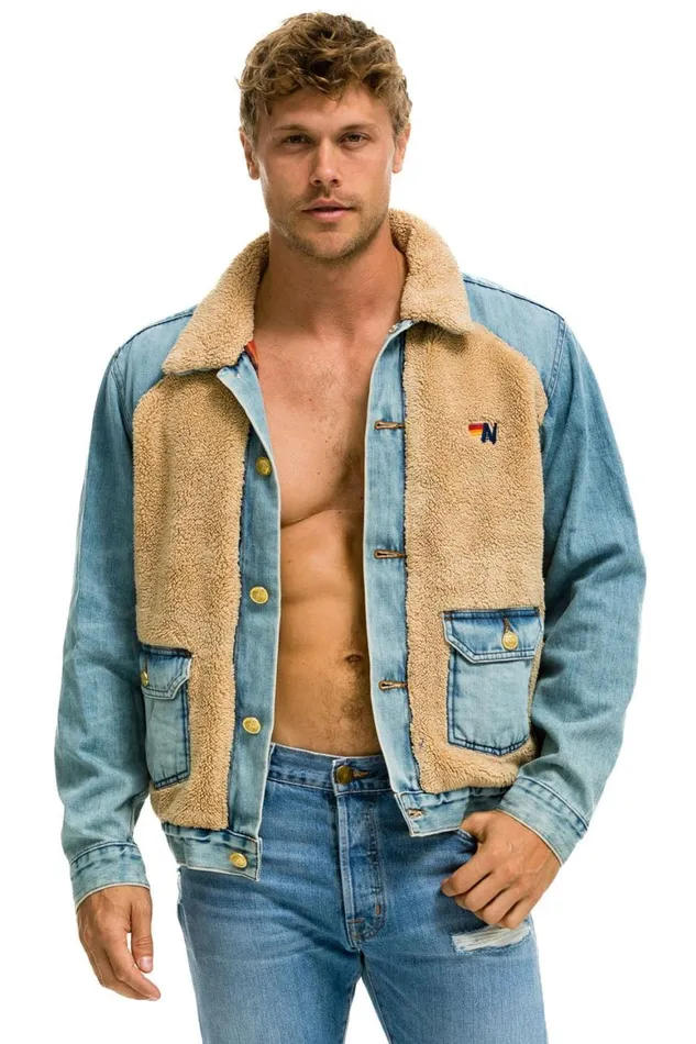 WomenMen Denim Aviator Nation Aspen Sherpa Unisex Denim Jacket 8211 Vintage Wheat