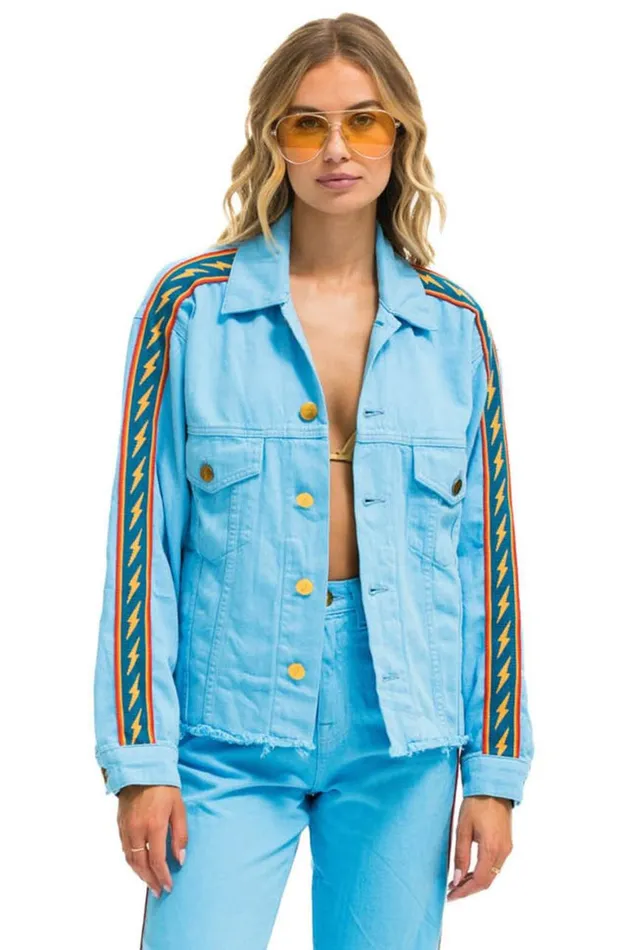 WomenMen Denim Aviator Nation Bolt Stripe Oversized Cutoff Denim Jacket 8211 Sky