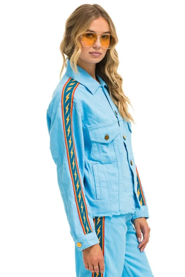 WomenMen Denim Aviator Nation Bolt Stripe Oversized Cutoff Denim Jacket 8211 Sky