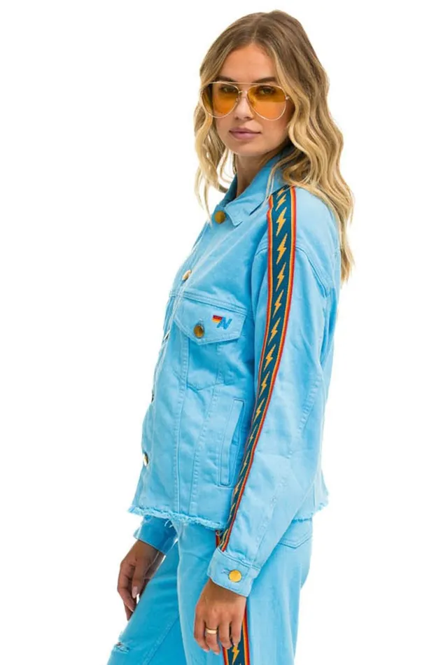 WomenMen Denim Aviator Nation Bolt Stripe Oversized Cutoff Denim Jacket 8211 Sky