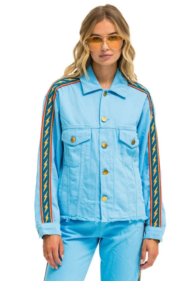 WomenMen Denim Aviator Nation Bolt Stripe Oversized Cutoff Denim Jacket 8211 Sky