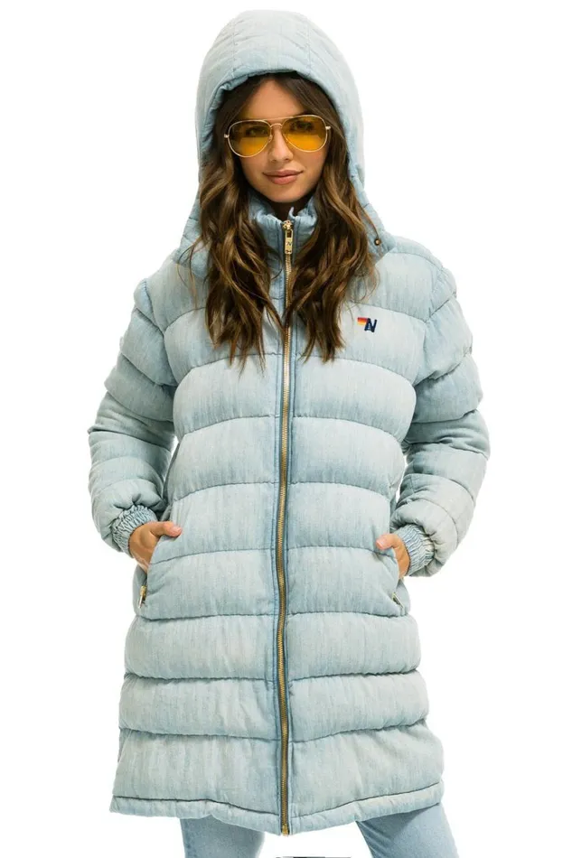 WomenMen Denim Aviator Nation Denim Puffer Long Trekker Jacket 8211 Super Light